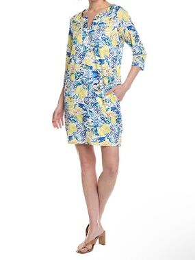 NWT Stella Parker Lemon Blue & Yellow Printed UPF 50+ Dress